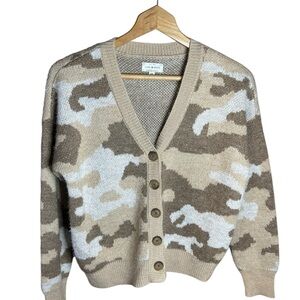 Lucky Brand Women’s Cardigan Sweater Tan Camouflage Wool Blend Size Medium